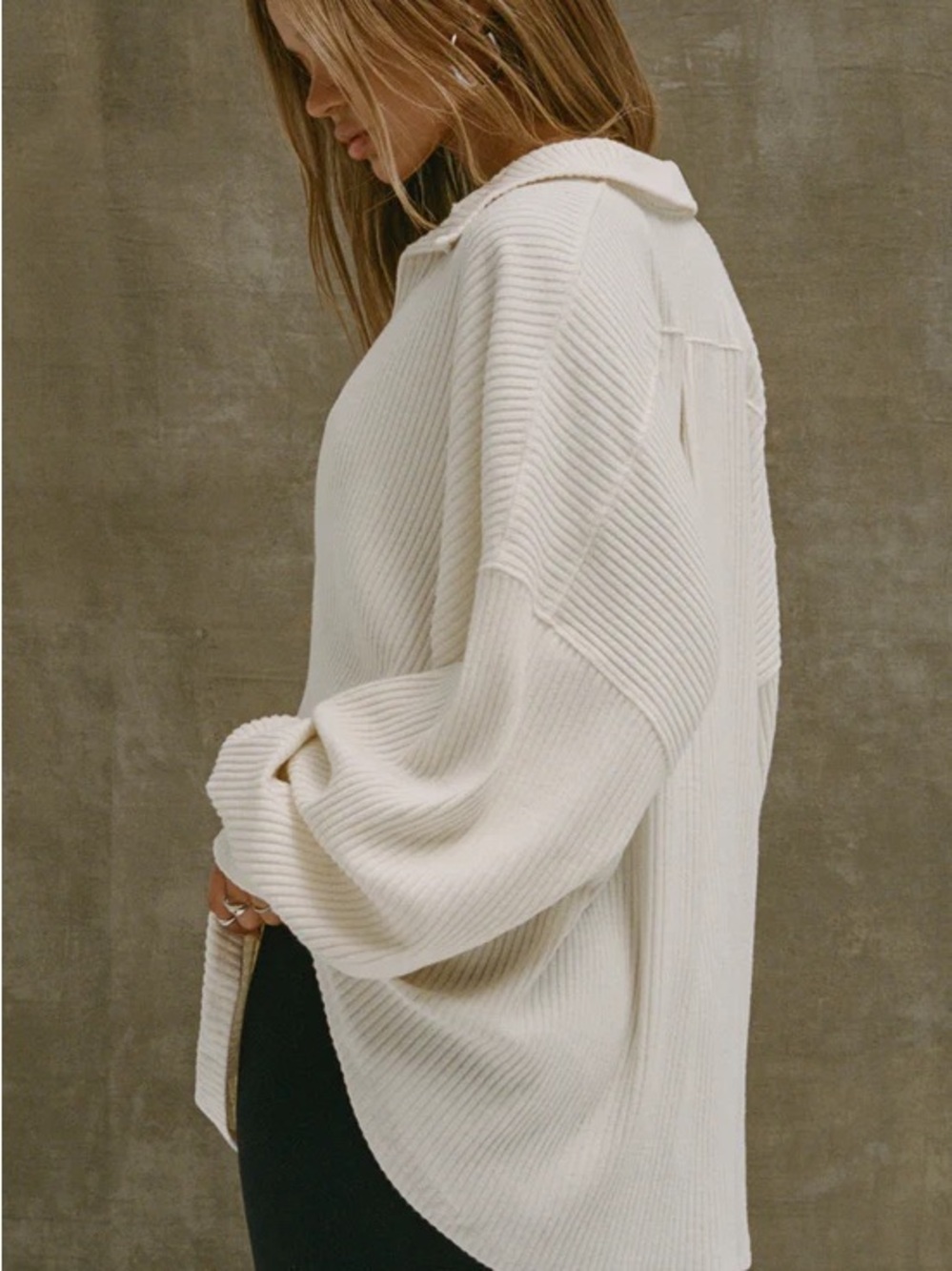 Women’s Cream Ribbed Deep V Collared Pullover Top - Picture 5 of 8